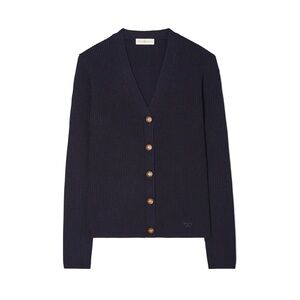 TORY BURCH • Ribbed Merino Wool Cardigan in Medium Navy